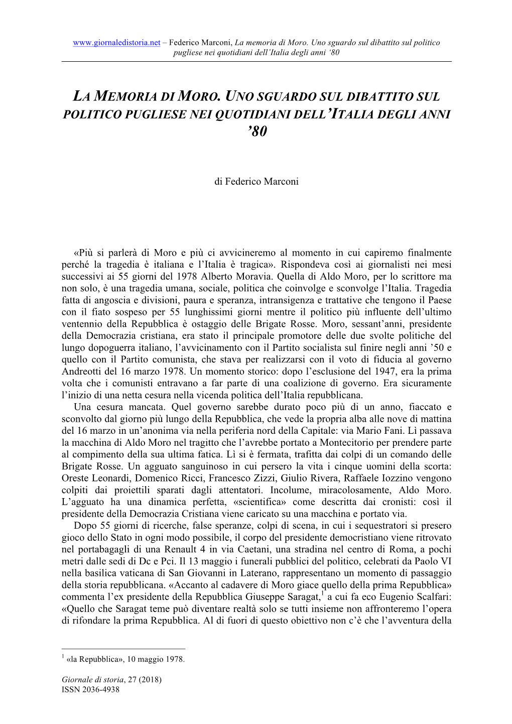 La Memoria Di Moro. Uno Sguardo Sul Dibattito Sul Politico Pugliese Nei Quotidiani Dell’Italia Degli Anni ‘80