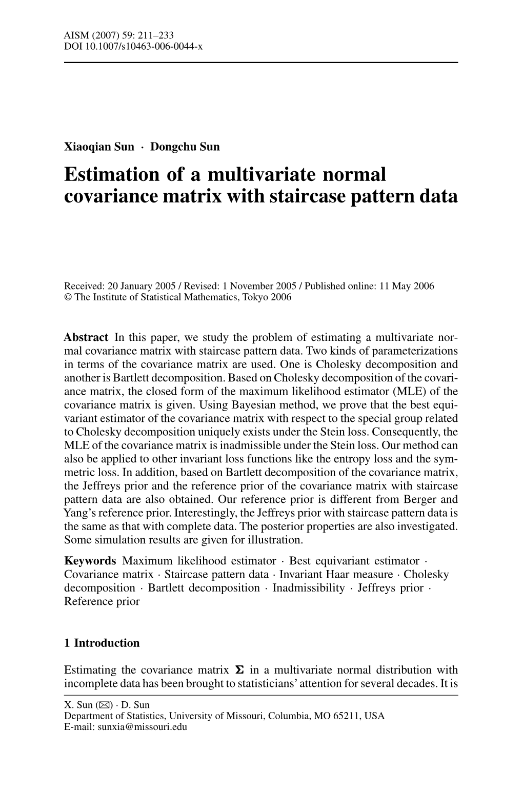 Estimation of a Multivariate Normal Covariance Matrix with Staircase Pattern Data