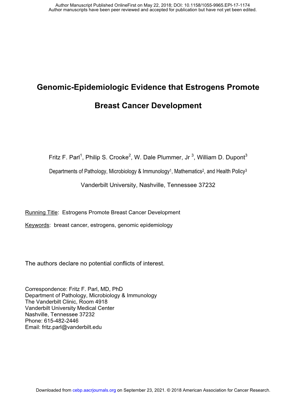 Genomic-Epidemiologic Evidence That Estrogens Promote Breast Cancer Development