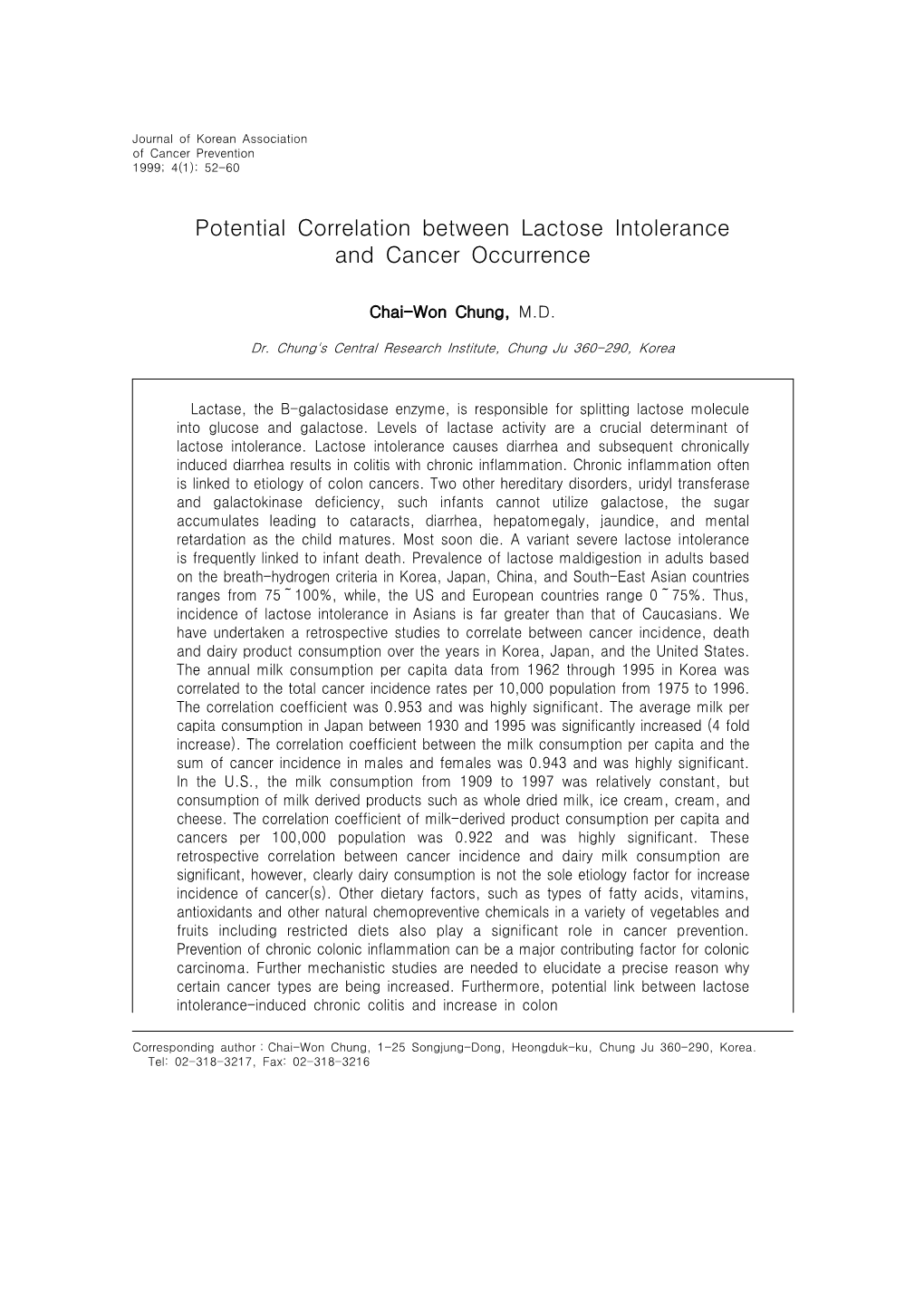 Potential Correlation Between Lactose Intolerance and Cancer Occurrence