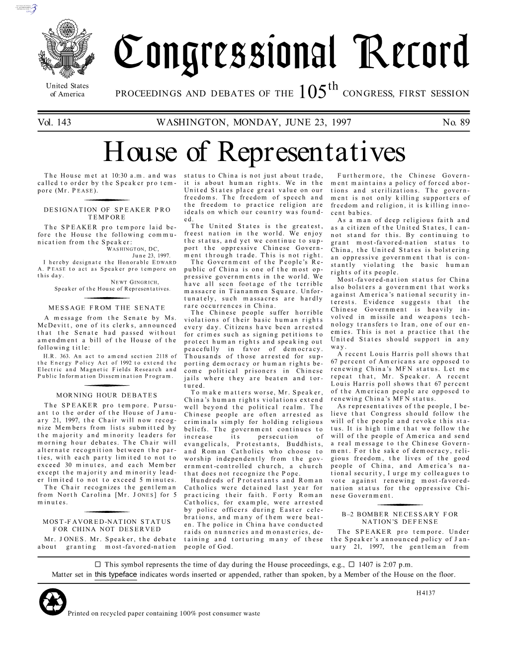 Congressional Record United States Th of America PROCEEDINGS and DEBATES of the 105 CONGRESS, FIRST SESSION