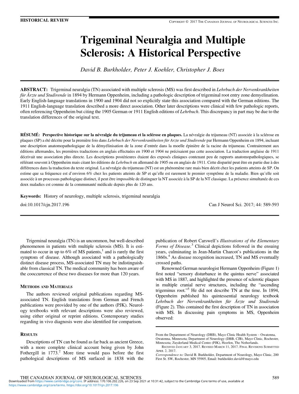 Trigeminal Neuralgia and Multiple Sclerosis: a Historical Perspective