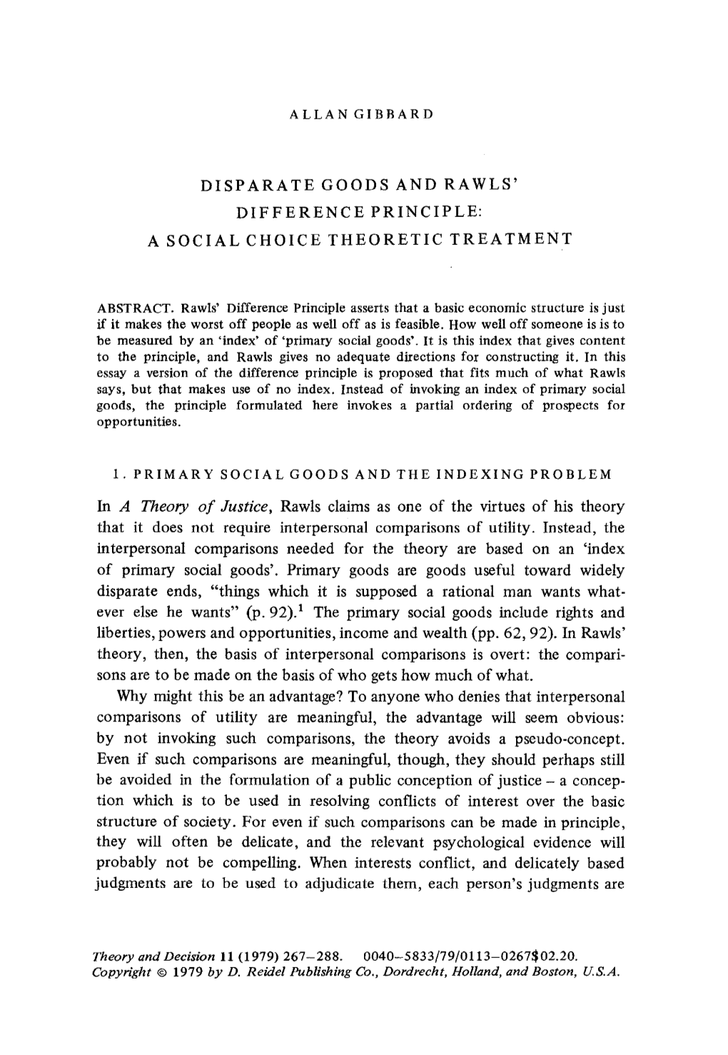 Disparate Goods and Rawls' Difference Principle: a Social Choice Theoretic Treatment