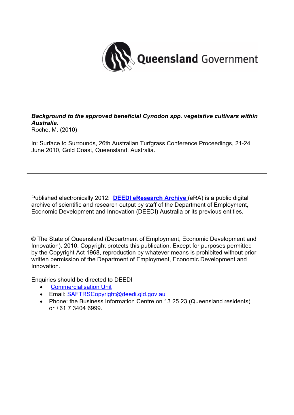 Cynodon Spp. Vegetative Cultivars Within Australia