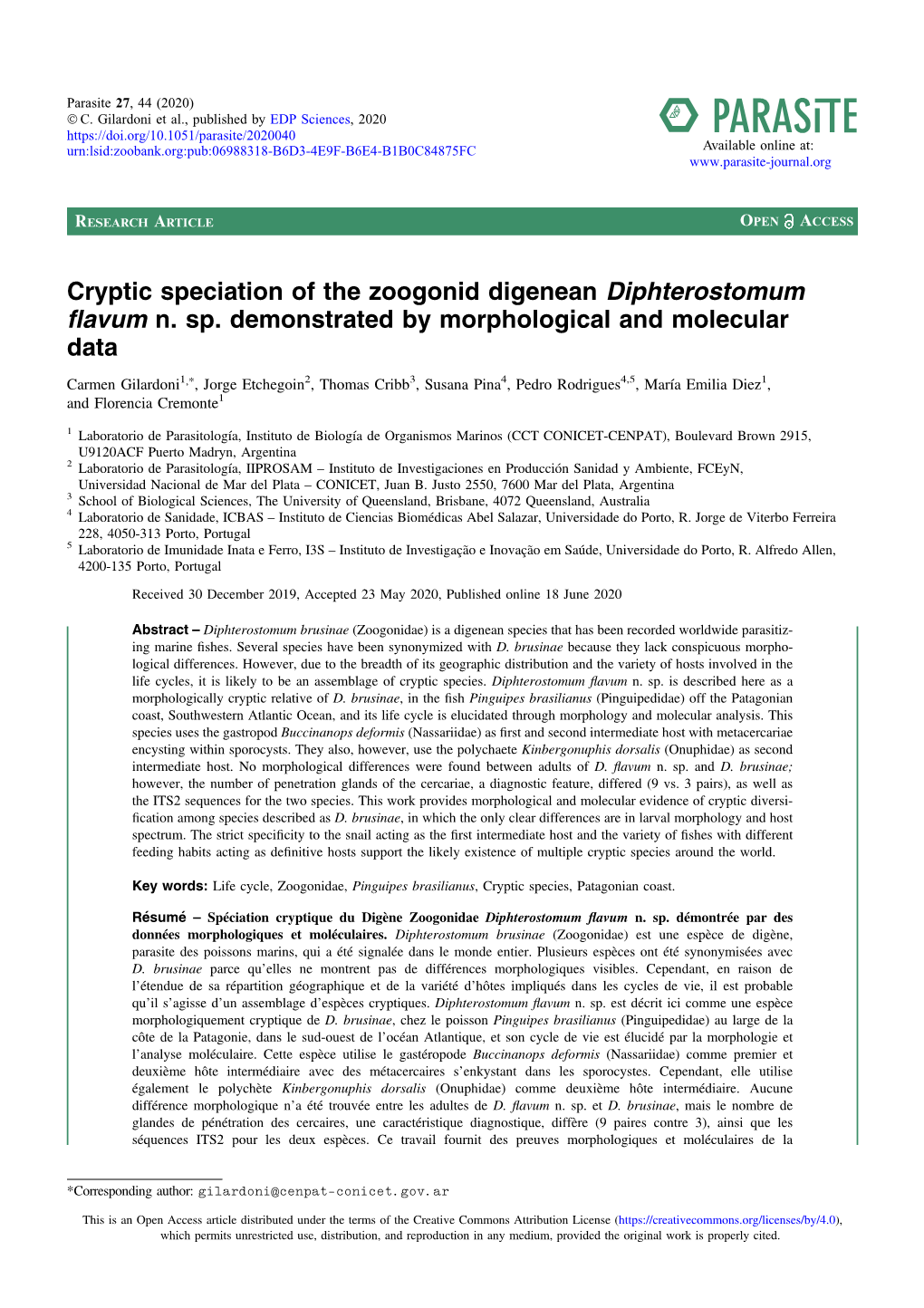 Cryptic Speciation of the Zoogonid Digenean Diphterostomum Flavum N. Sp. Demonstrated by Morphological and Molecular Data