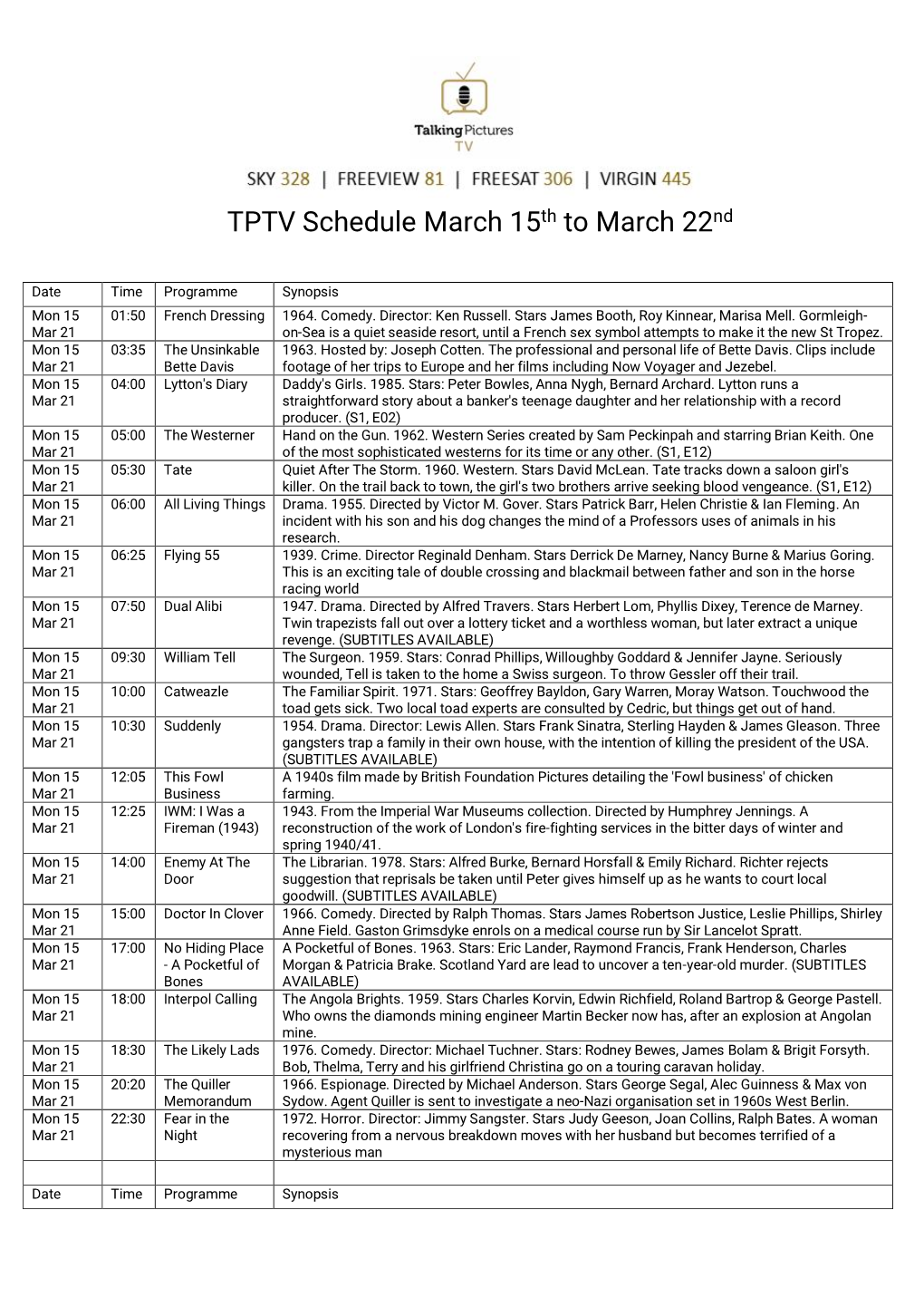 TPTV Schedule March 15Th to March 22Nd