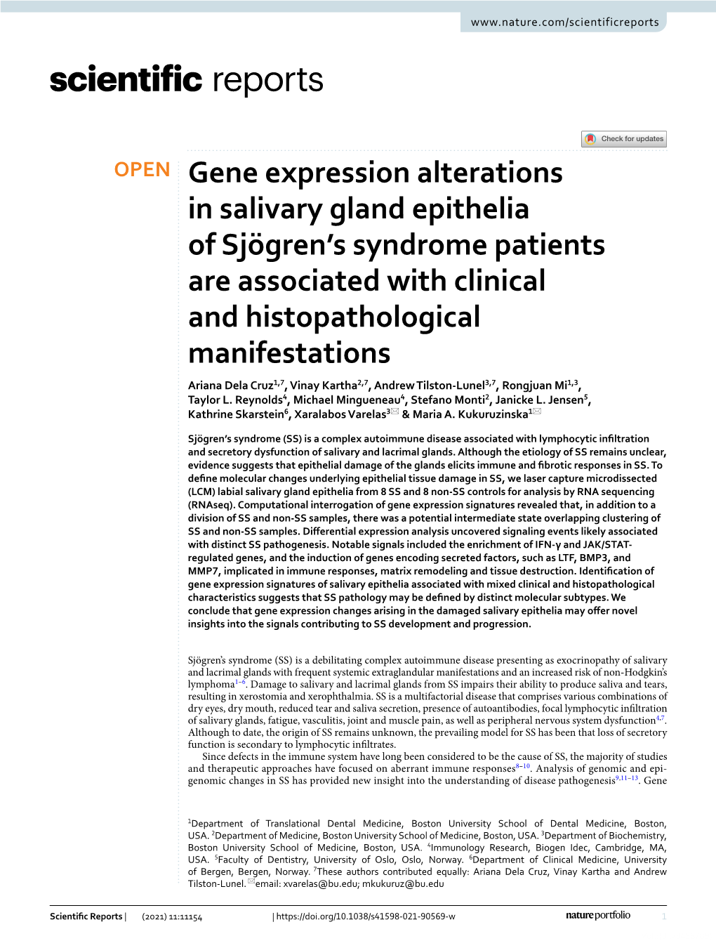 Gene Expression Alterations in Salivary Gland Epithelia of Sjögren's