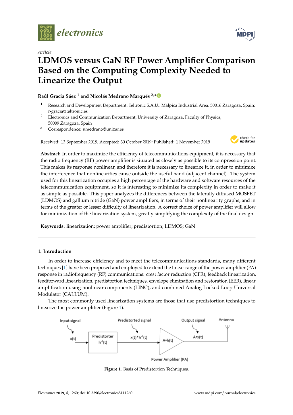 LDMOS Versus Gan RF Power Amplifier Comparison Based on the Computing Complexity Needed to Linearize the Output