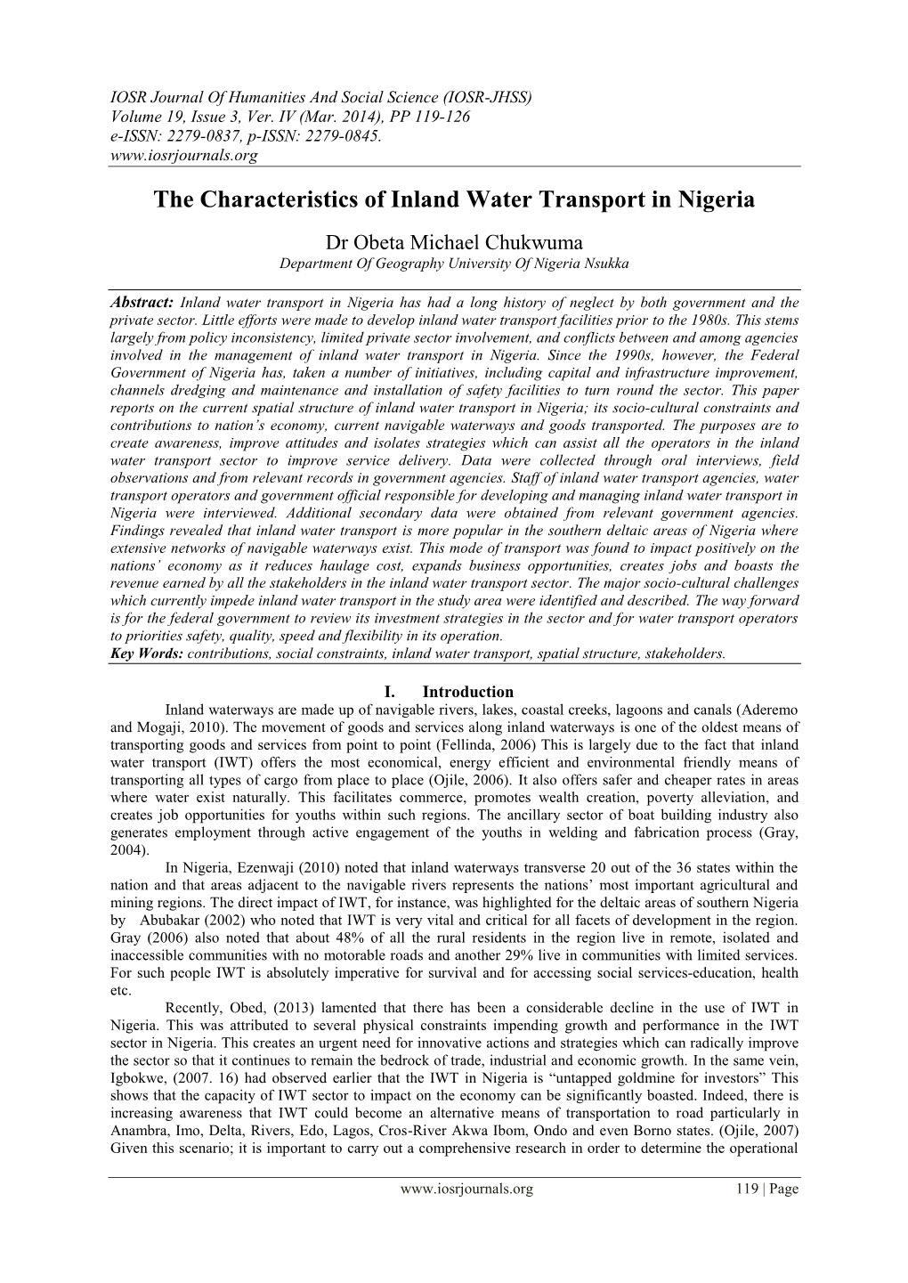 The Characteristics of Inland Water Transport in Nigeria
