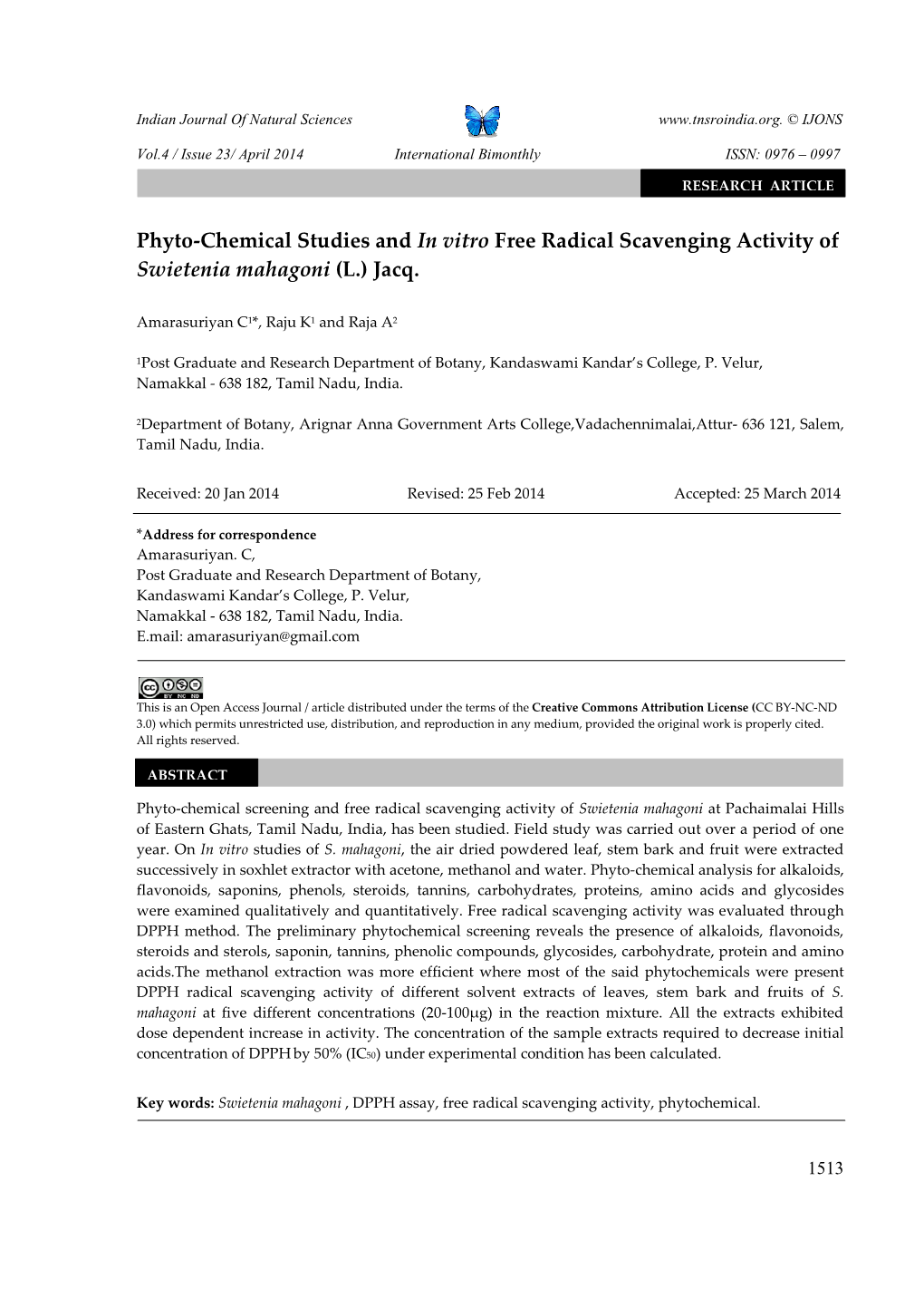 Phyto-Chemical Studies and in Vitro Free Radical Scavenging Activity of Swietenia Mahagoni (L.) Jacq