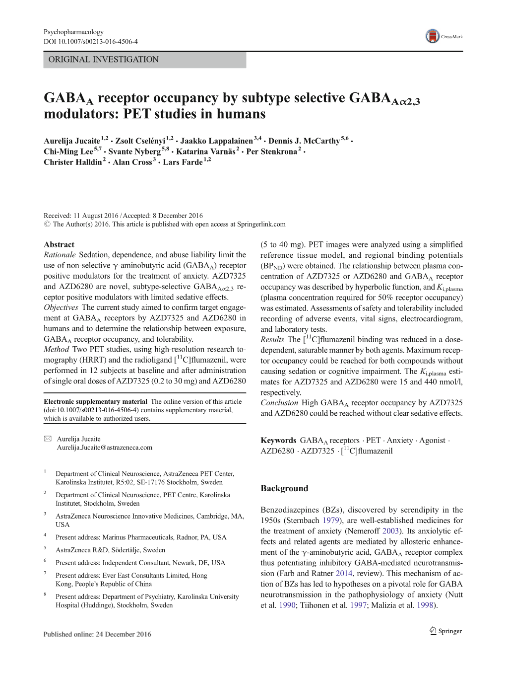 GABAA Receptor Occupancy by Subtype Selective Gabaaα2,3 Modulators: PET Studies in Humans