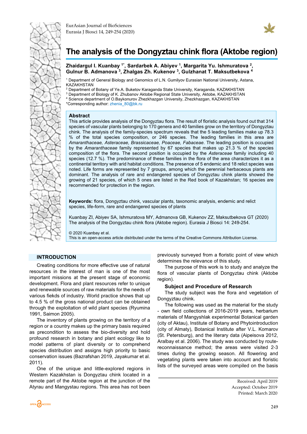 The Analysis of the Dongyztau Chink Flora (Aktobe Region)