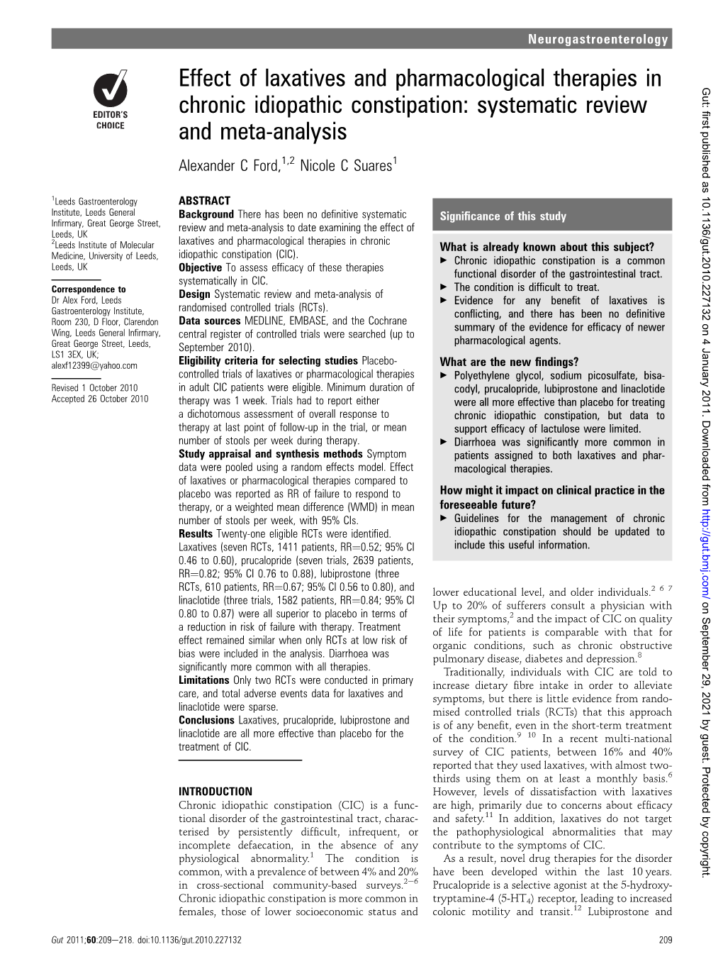 Effect of Laxatives and Pharmacological Therapies in Gut: First Published As 10.1136/Gut.2010.227132 on 4 January 2011