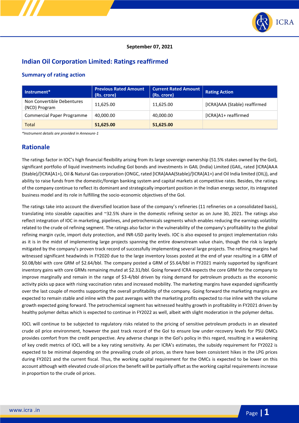 Indian Oil Corporation Limited: Ratings Reaffirmed Rationale