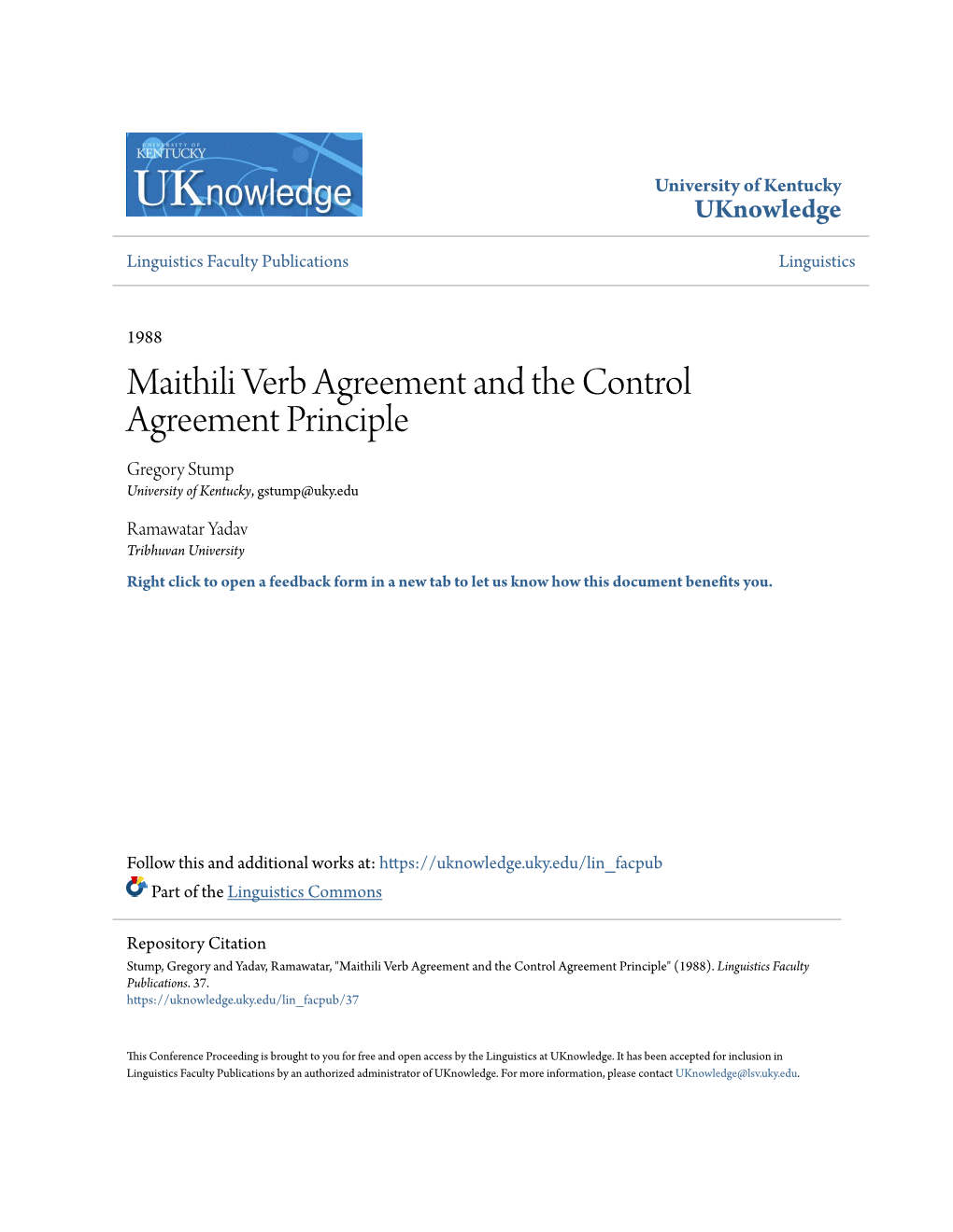 Maithili Verb Agreement and the Control Agreement Principle Gregory Stump University of Kentucky, Gstump@Uky.Edu