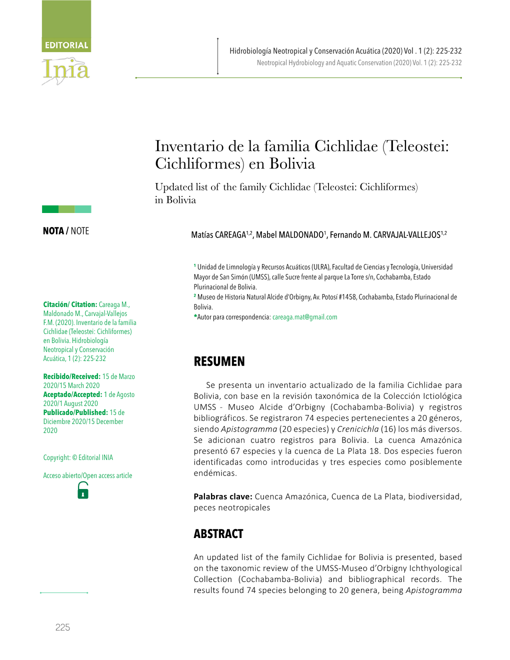 Inventario De La Familia Cichlidae (Teleostei: Cichliformes) En Bolivia Updated List of the Family Cichlidae (Teleostei: Cichliformes) in Bolivia