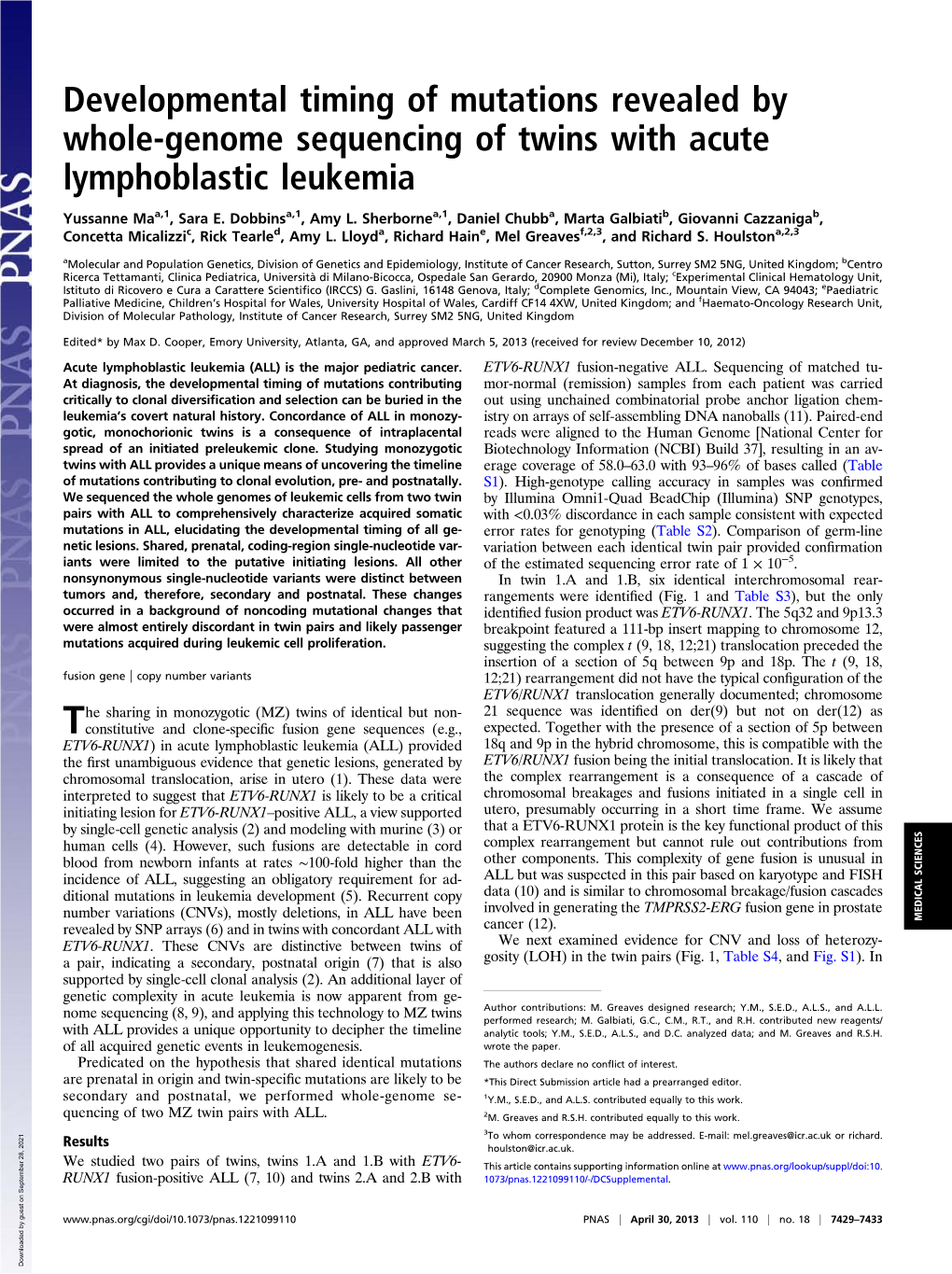 Developmental Timing of Mutations Revealed by Whole-Genome Sequencing of Twins with Acute Lymphoblastic Leukemia