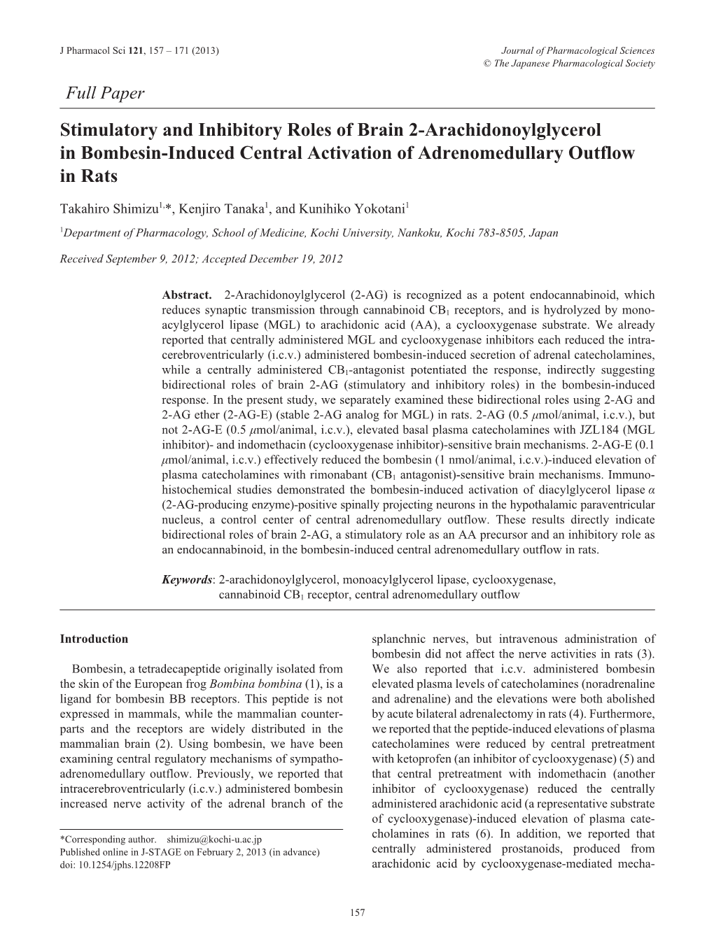 Stimulatory and Inhibitory Roles of Brain 2-Arachidonoylglycerol in Bombesin-Induced Central Activation of Adrenomedullary Outflow in Rats