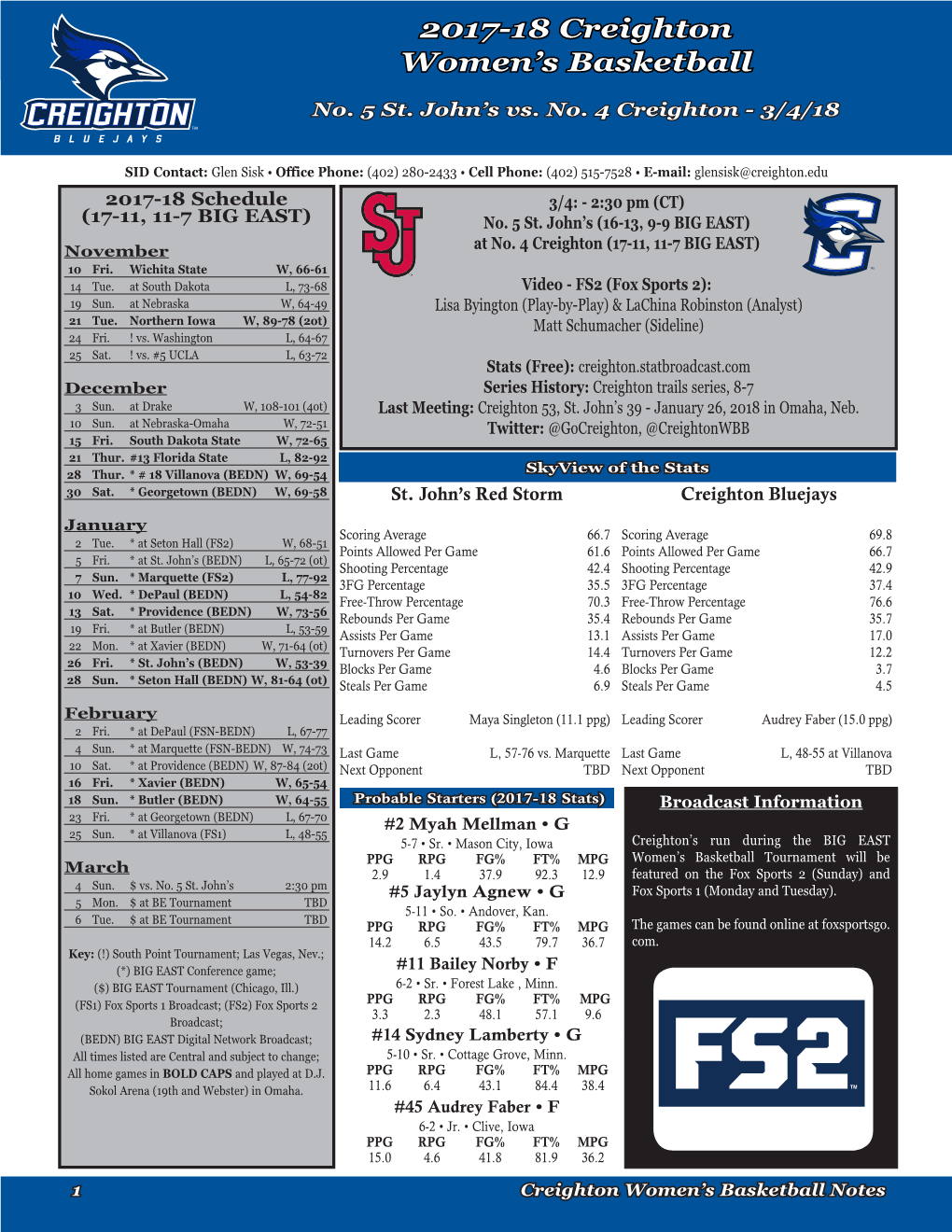 2017-18 Creighton Women's Basketball Creighton Combined Team Statistics (As of Feb 25, 2018) All Games