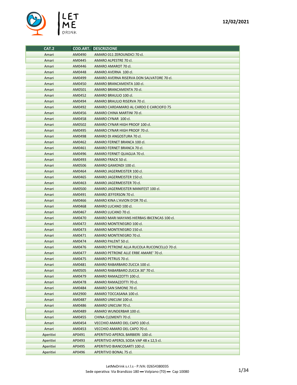 CAT.2 COD.ART. DESCRIZIONE Amari AM0490 AMARO 011 ZEROUNDICI 70 Cl