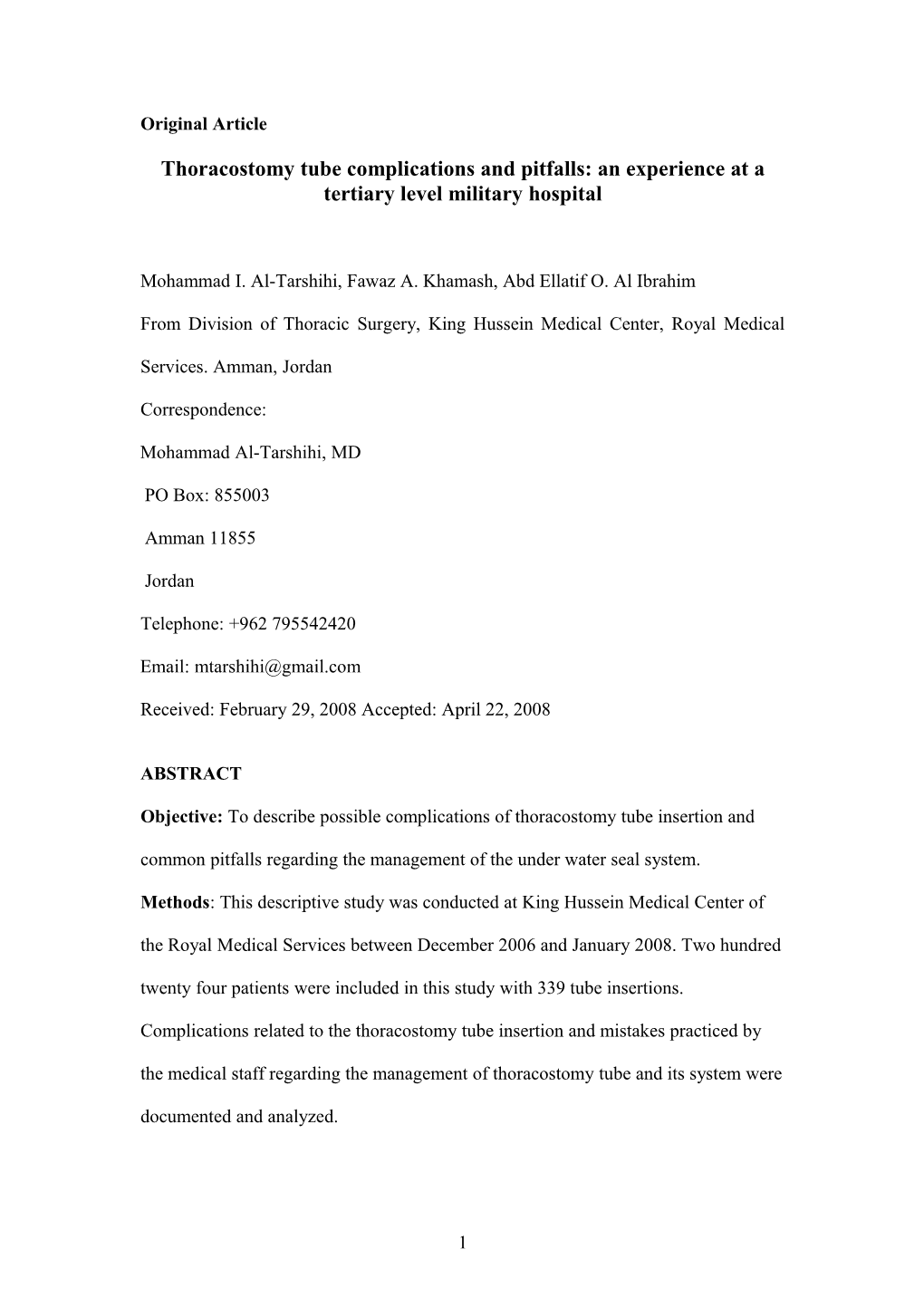 Thoracostomy Tube Complications and Pitfalls: an Experience at a Tertiary Level Military Hospital