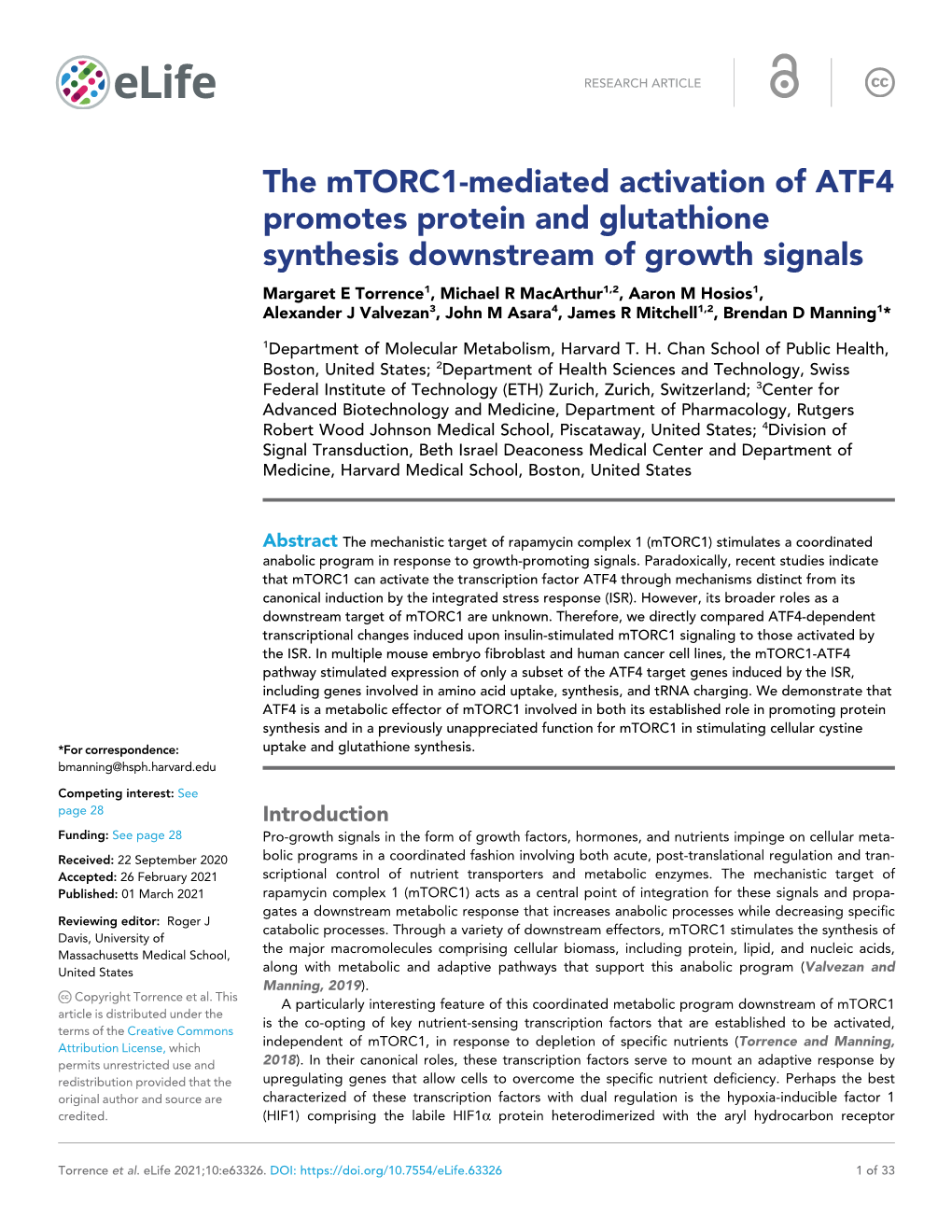The Mtorc1-Mediated Activation of ATF4 Promotes Protein and Glutathione Synthesis Downstream of Growth Signals