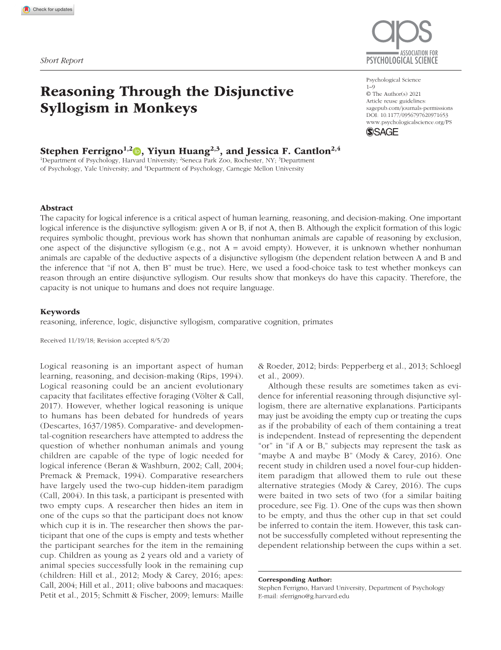 Reasoning Through the Disjunctive Syllogism in Monkeys Research-Article9716532021