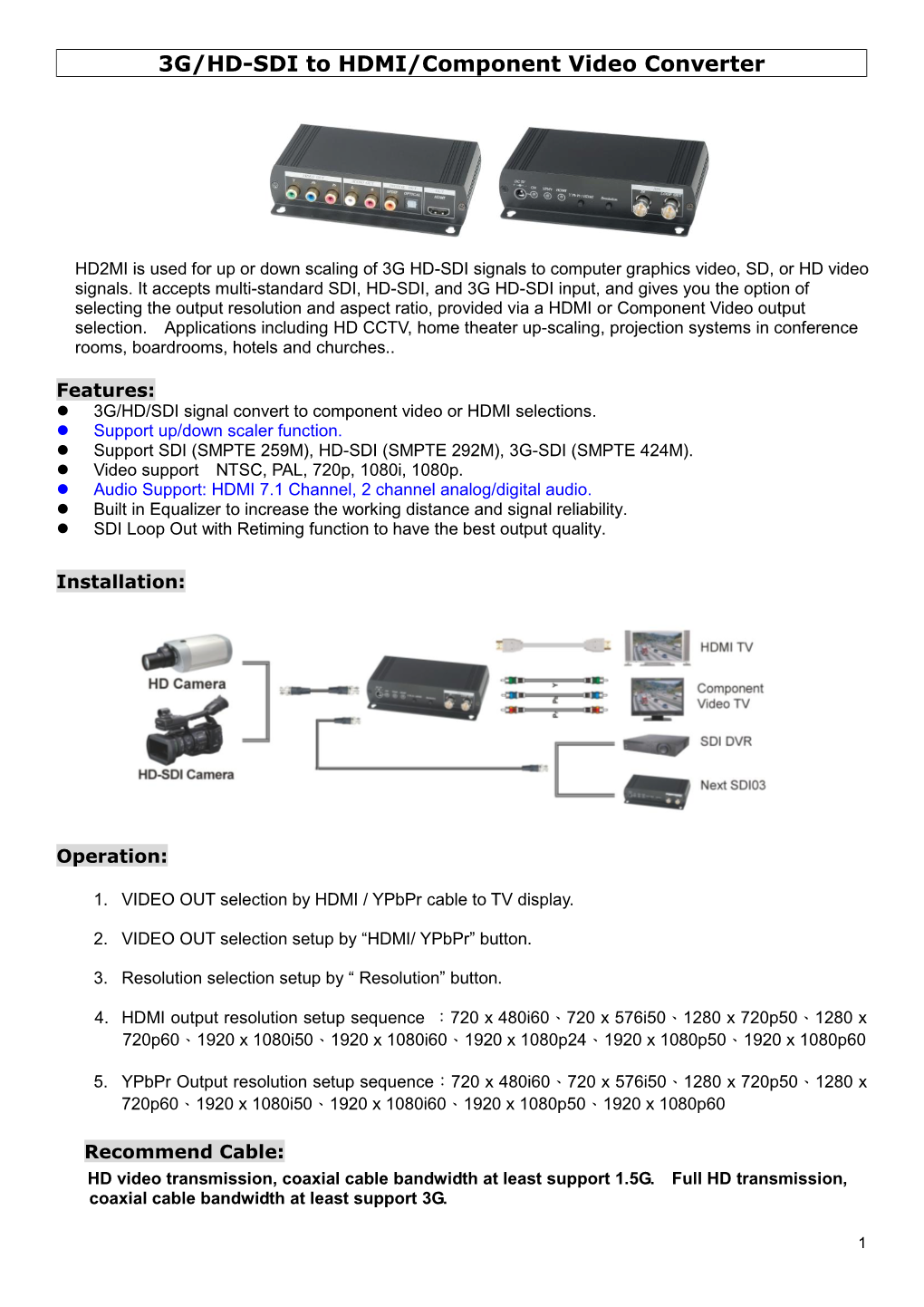 3G/HD-SDI to HDMI/Component Video Converter