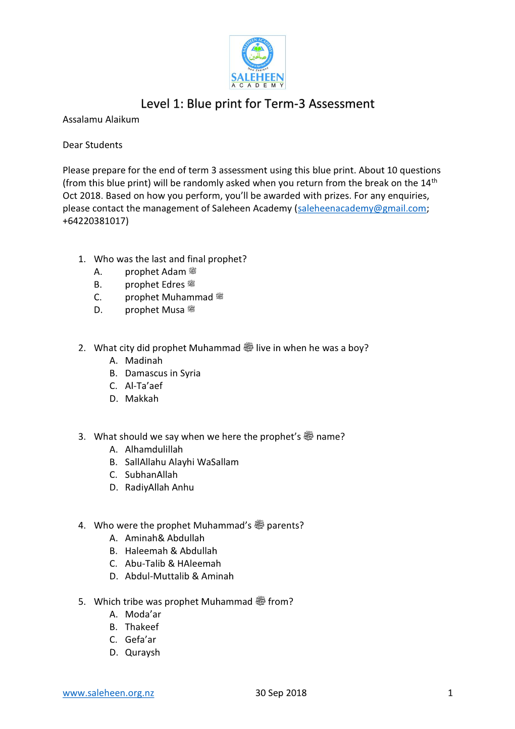 Saleheen Academy Level 3 – Term 3 Assessment Blue Print