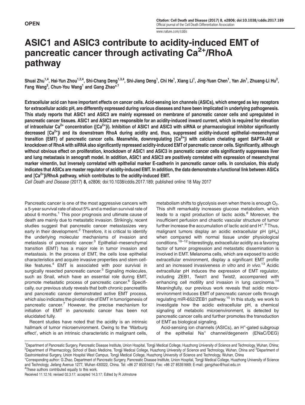 ASIC1 and ASIC3 Contribute to Acidity-Induced EMT of Pancreatic Cancer Through Activating Ca2+/Rhoa Pathway