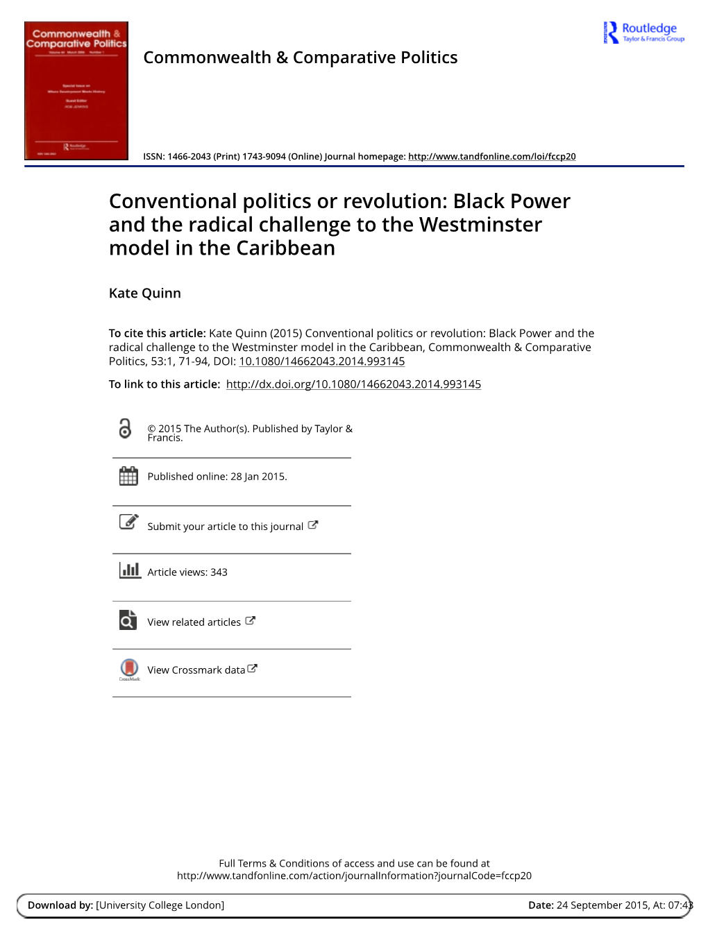 Conventional Politics Or Revolution: Black Power and the Radical Challenge to the Westminster Model in the Caribbean