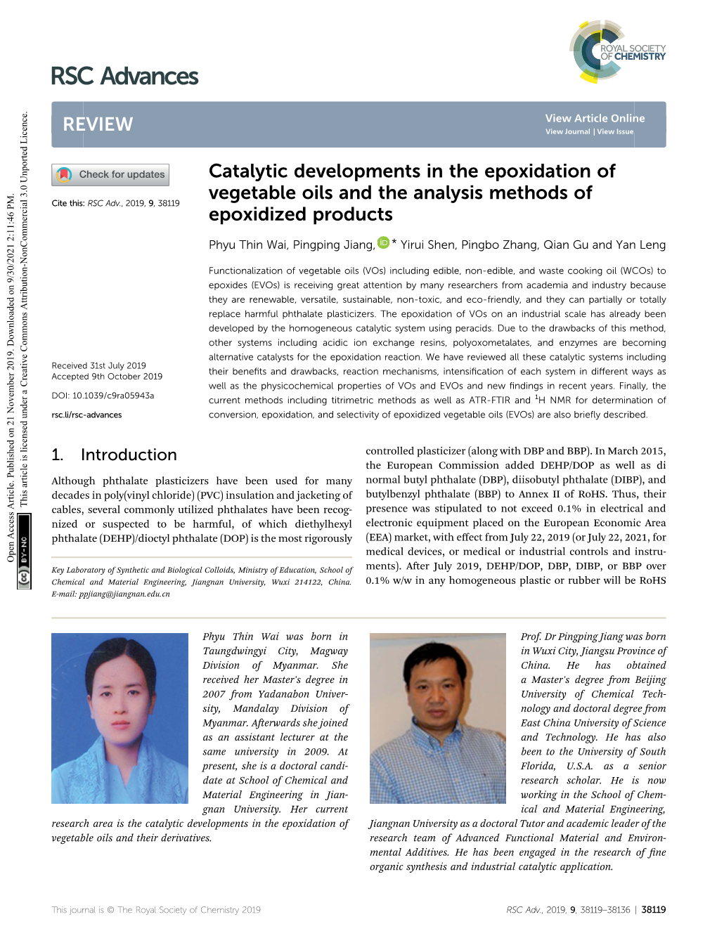 Catalytic Developments in the Epoxidation of Vegetable Oils and the Analysis Methods of Cite This: RSC Adv.,2019,9,38119 Epoxidized Products