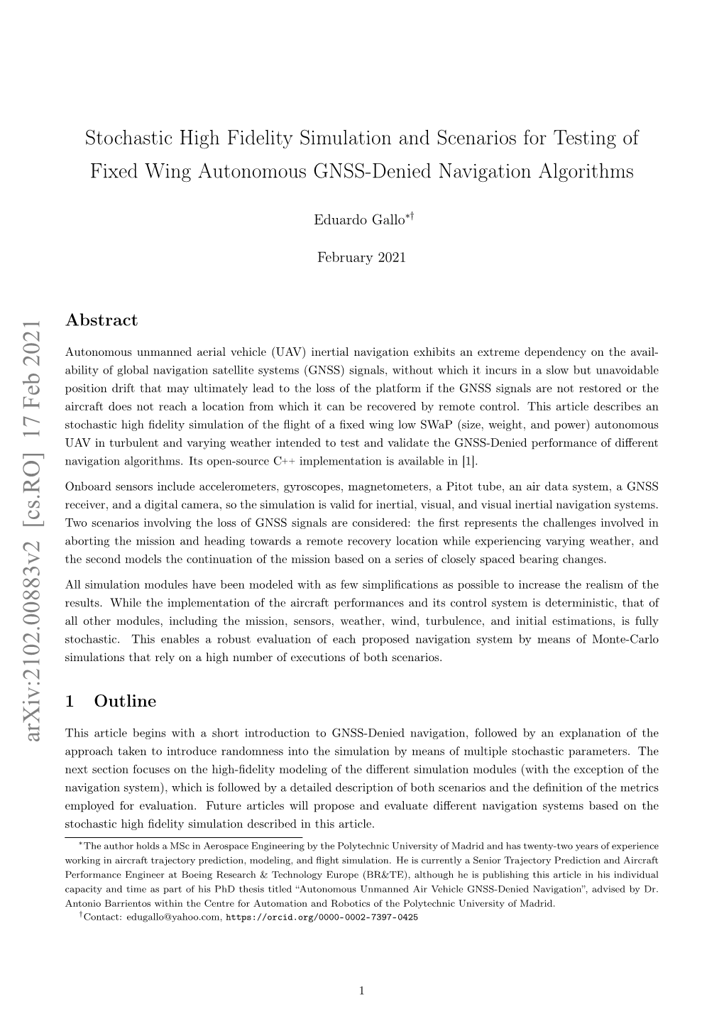 Stochastic High Fidelity Simulation and Scenarios for Testing of Fixed Wing Autonomous GNSS-Denied Navigation Algorithms