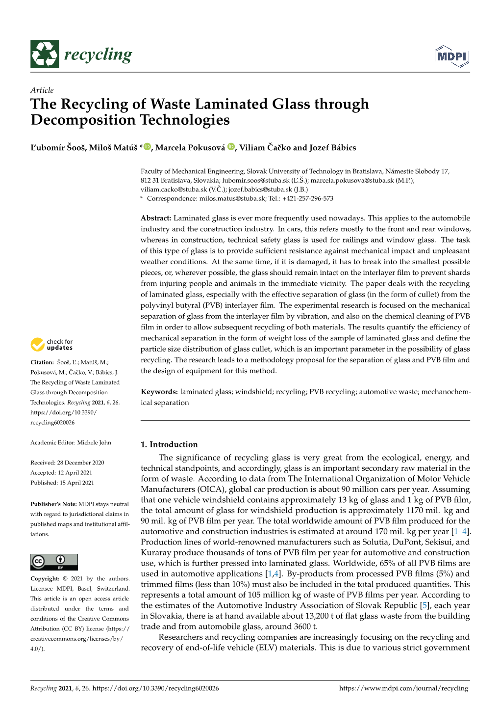 The Recycling of Waste Laminated Glass Through Decomposition Technologies