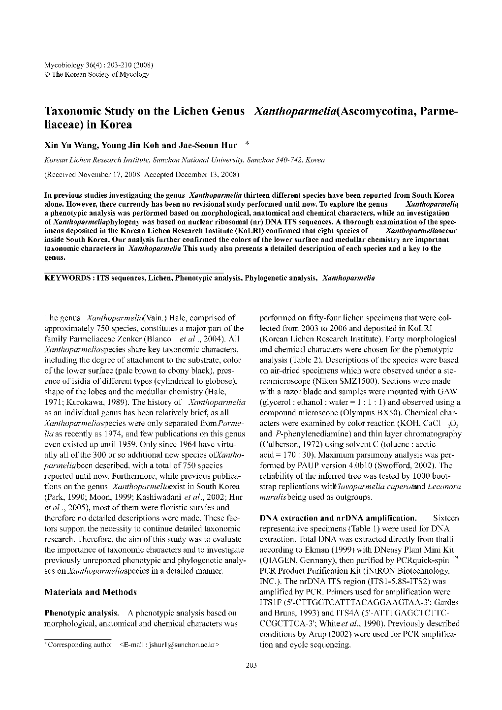 Taxonomic Study on the Lichen Genus Xanthoparmelia (Ascomycotina, Parme- Liaceae) in Korea