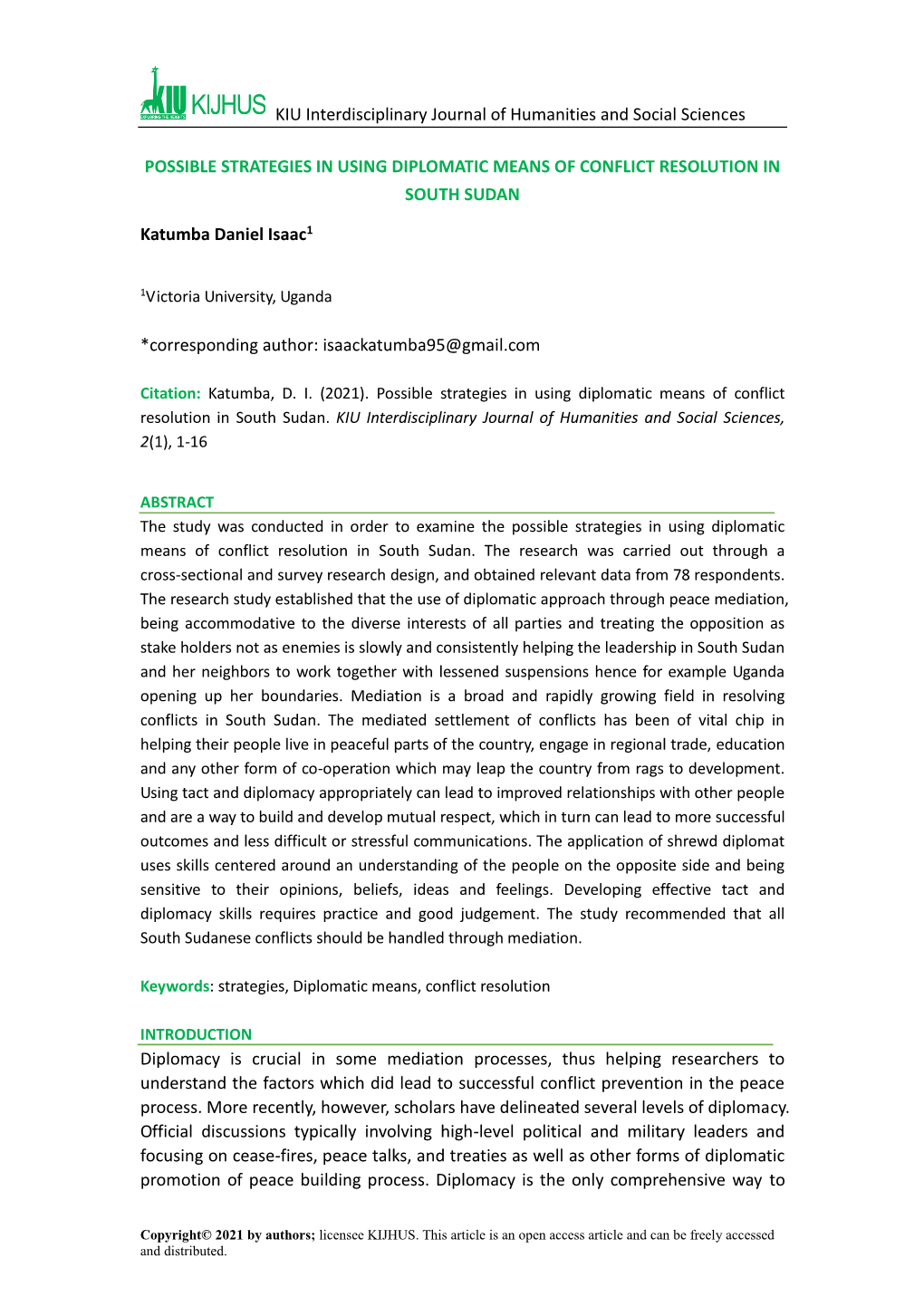 KIU Interdisciplinary Journal of Humanities and Social Sciences POSSIBLE STRATEGIES in USING DIPLOMATIC MEANS of CONFLICT RESOLU