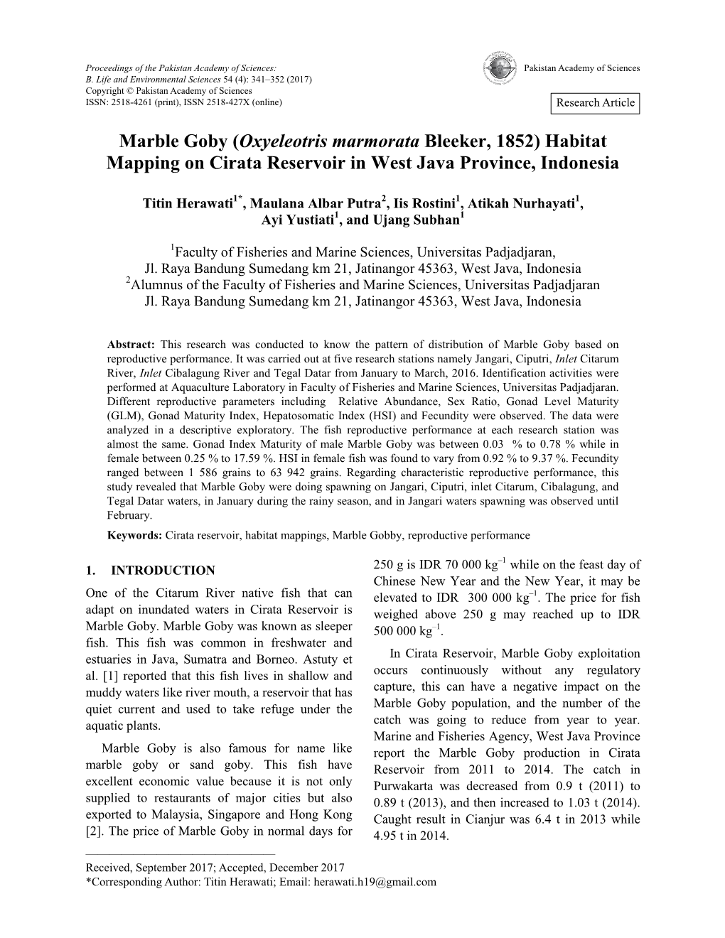 Marble Goby (Oxyeleotris Marmorata Bleeker, 1852) Habitat Mapping on Cirata Reservoir in West Java Province, Indonesia