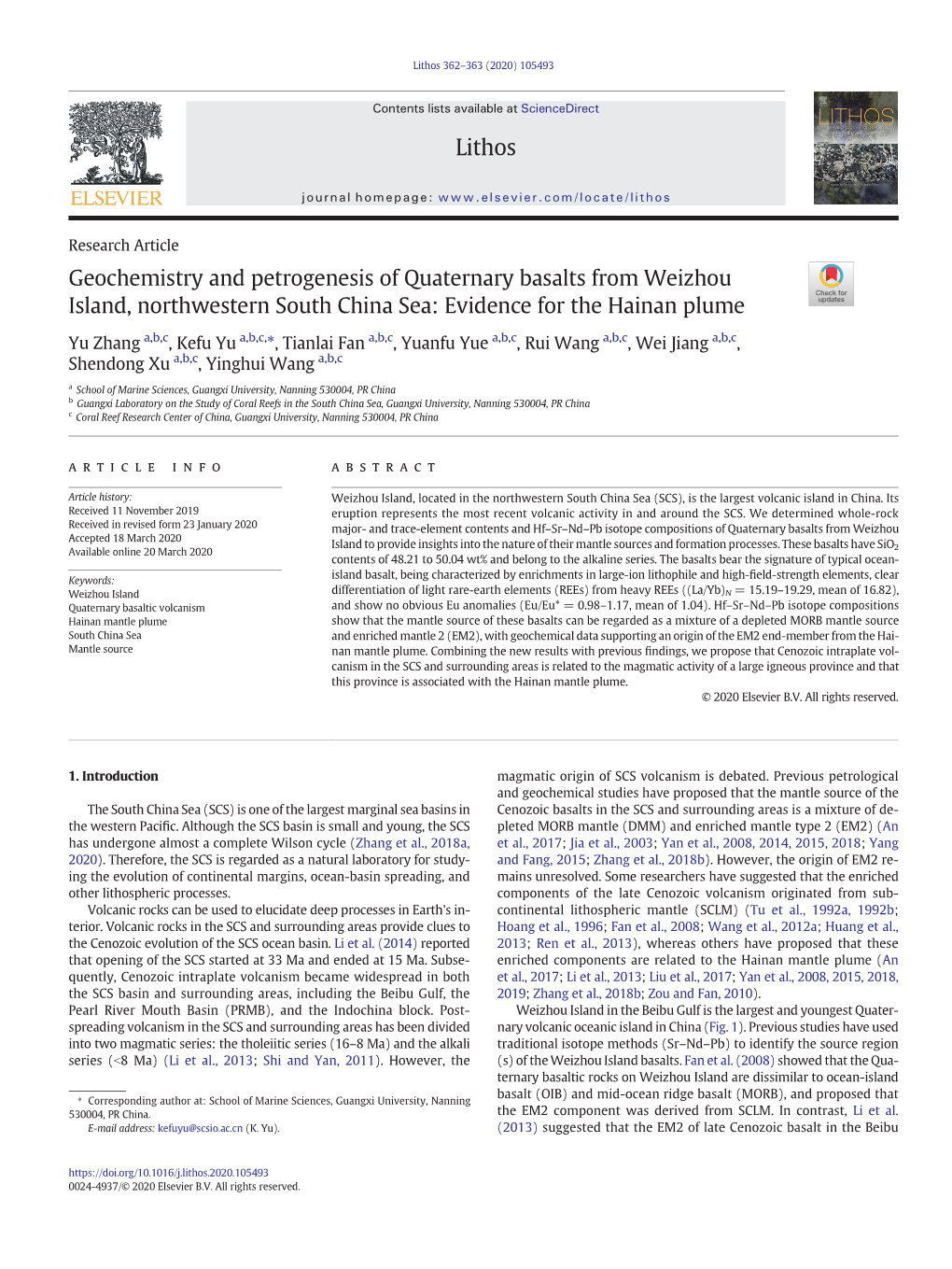 Geochemistry and Petrogenesis of Quaternary Basalts from Weizhou Island, Northwestern South China Sea: Evidence for the Hainan Plume