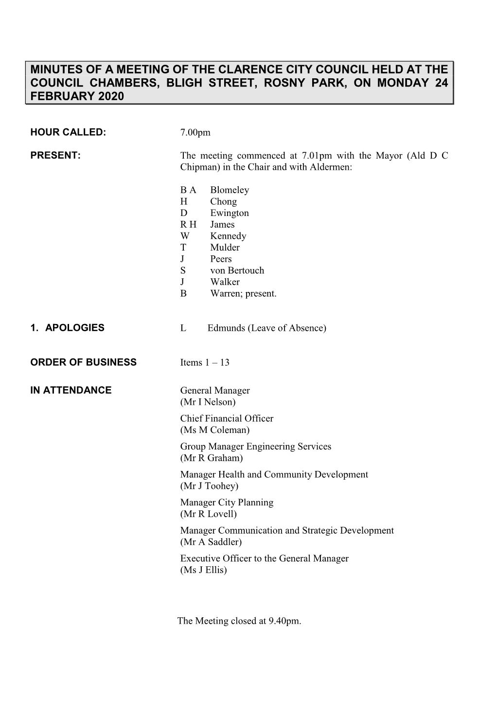 Clarence Meeting Minutes