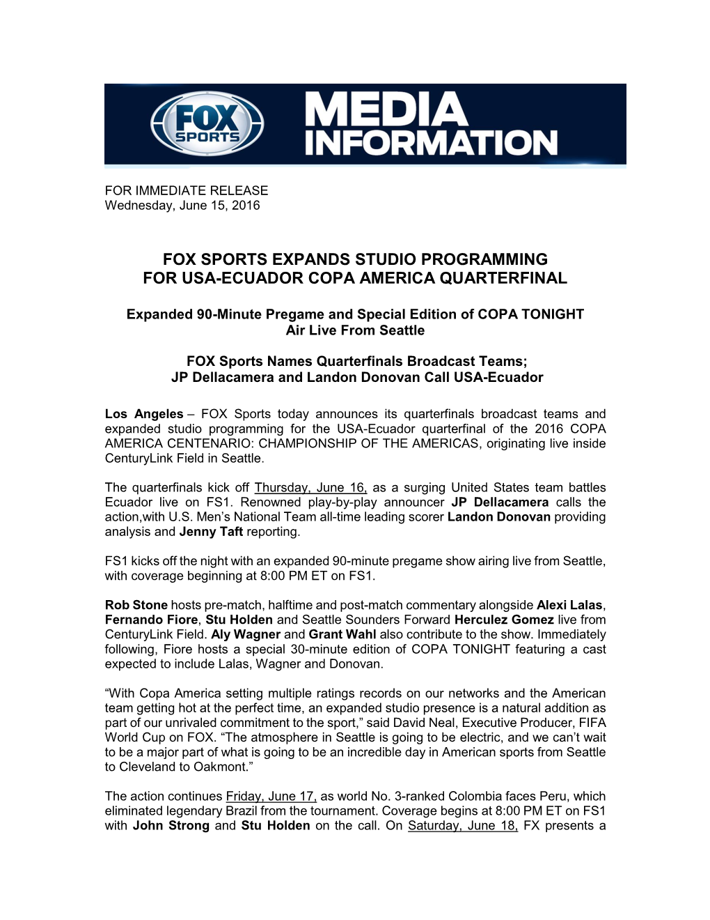 Fox Sports Expands Studio Programming for Usa-Ecuador Copa America Quarterfinal