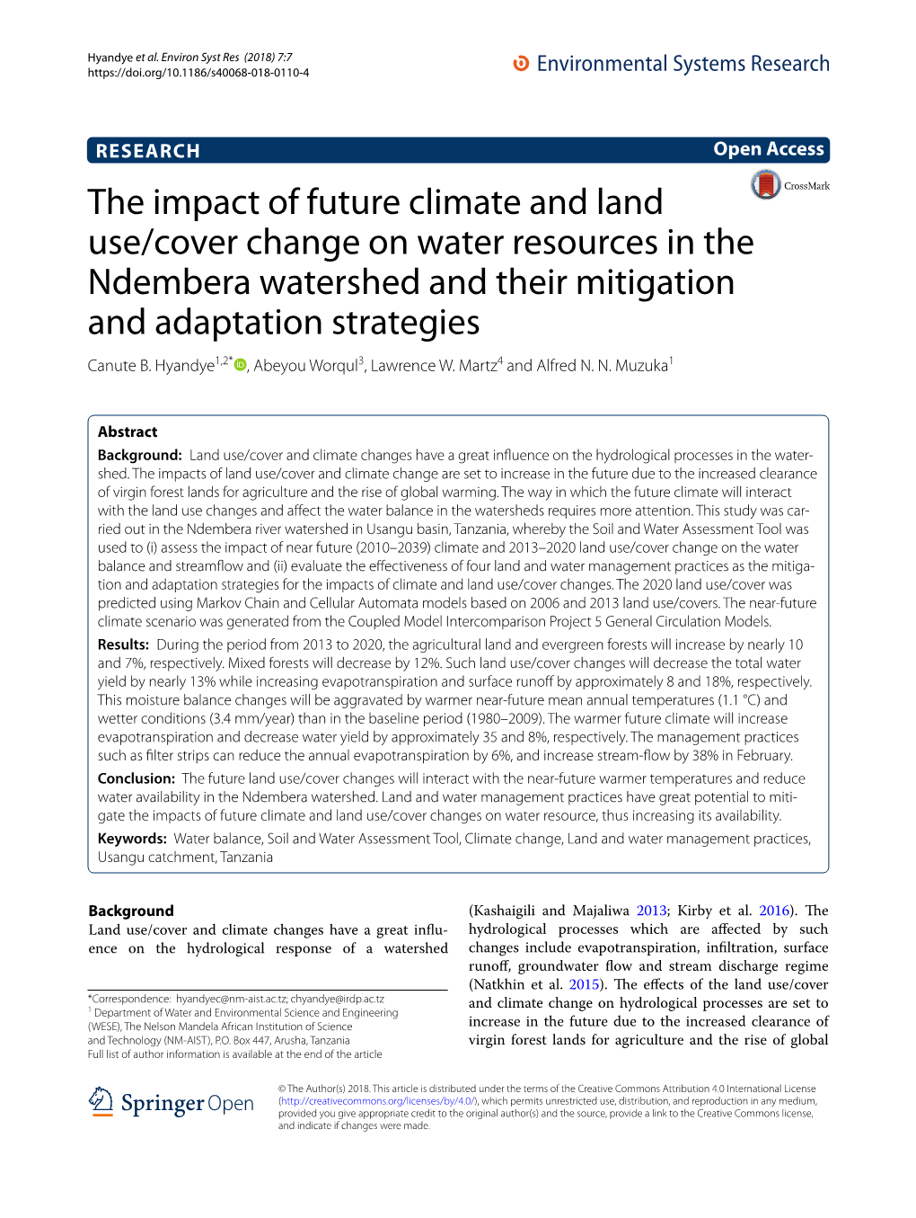 The Impact of Future Climate and Land Use/Cover Change on Water Resources in the Ndembera Watershed and Their Mitigation and Adaptation Strategies Canute B