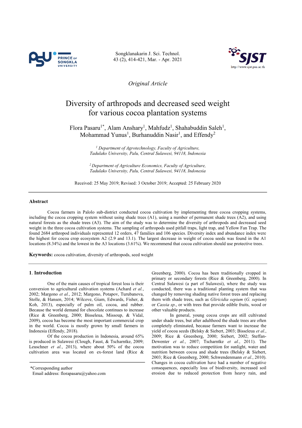 Diversity of Arthropods and Decreased Seed Weight for Various Cocoa Plantation Systems