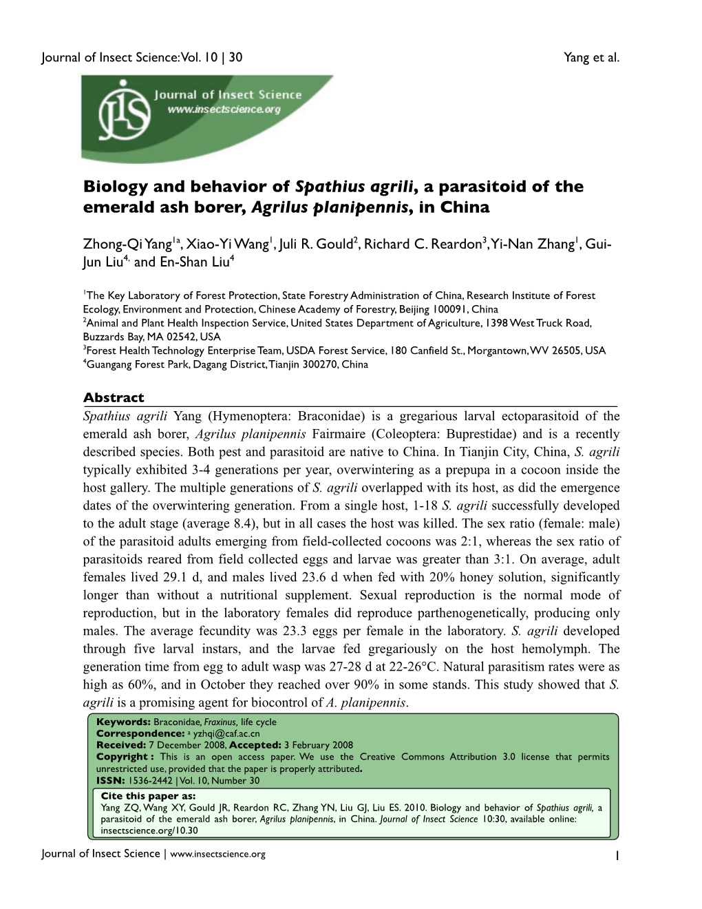 Biology and Behavior of Spathius Agrili, a Parasitoid of the Emerald Ash Borer, Agrilus Planipennis, in China