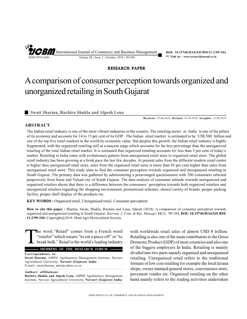 A Comparison of Consumer Perception Towards Organized and Unorganized Retailing in South Gujarat