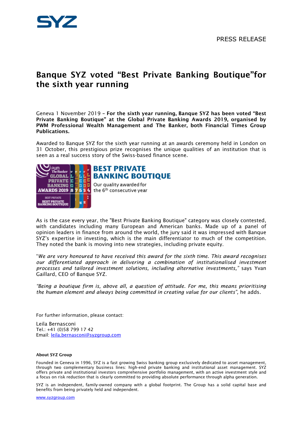 Banque SYZ Voted “Best Private Banking Boutique”For the Sixth Year Running