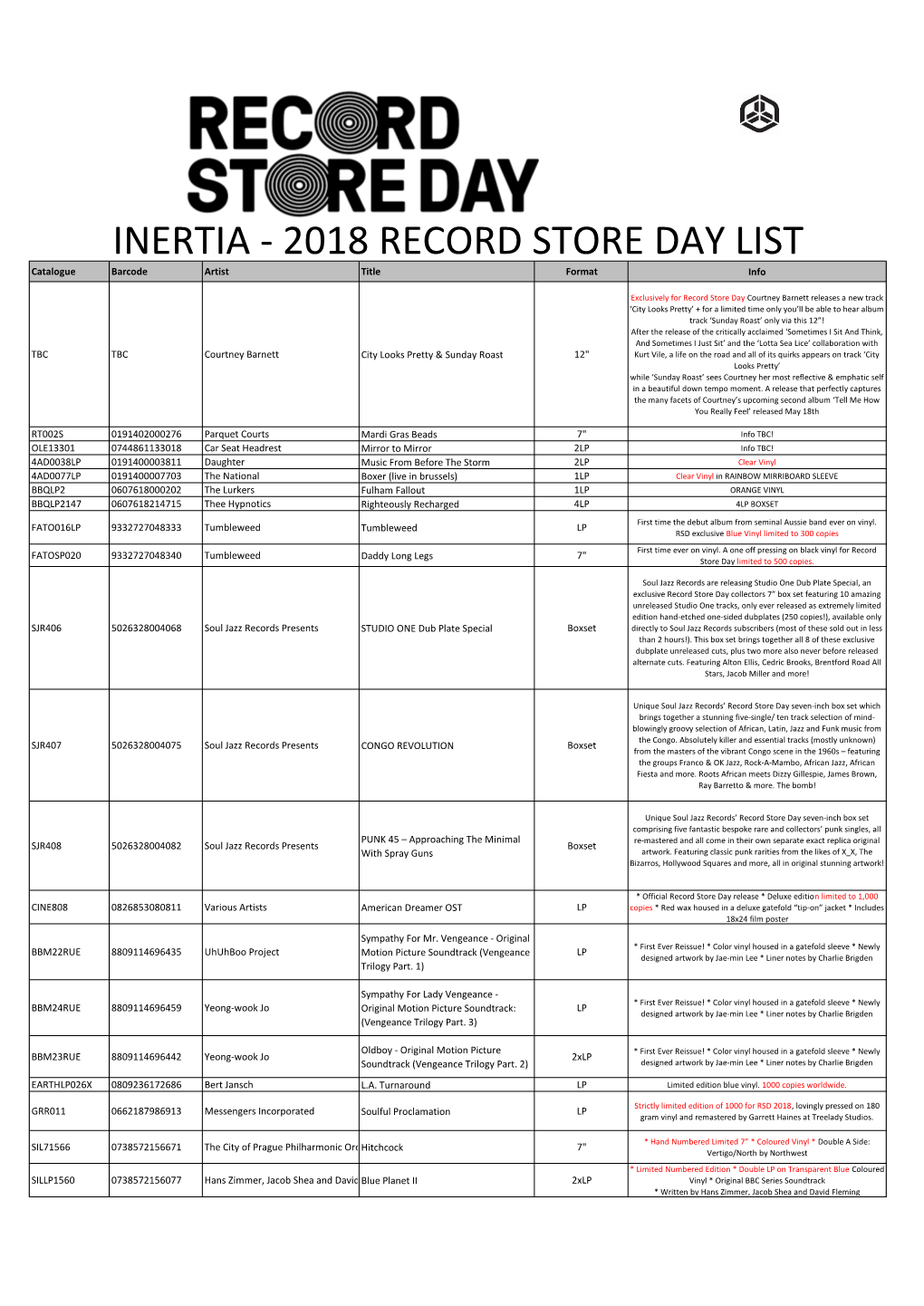 INERTIA - 2018 RECORD STORE DAY LIST Catalogue Barcode Artist Title Format Info