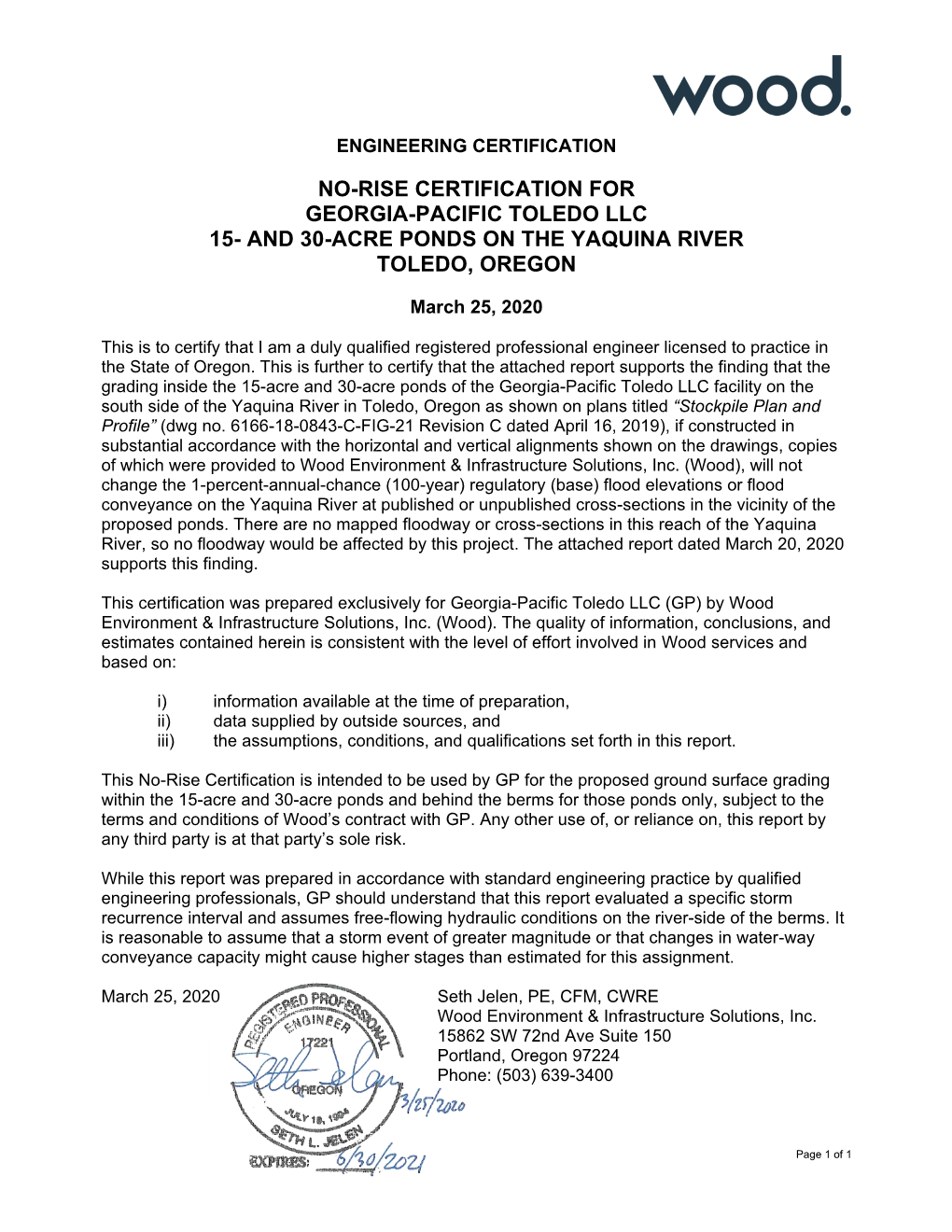 No-Rise Certification for Georgia-Pacific Toledo Llc 15- and 30-Acre Ponds on the Yaquina River Toledo, Oregon