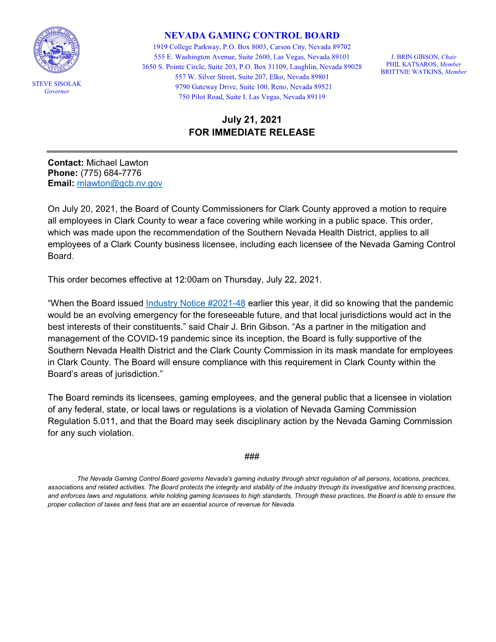 Nevada Gaming Control Board Statement Regarding Clark County Commission Mask Mandate