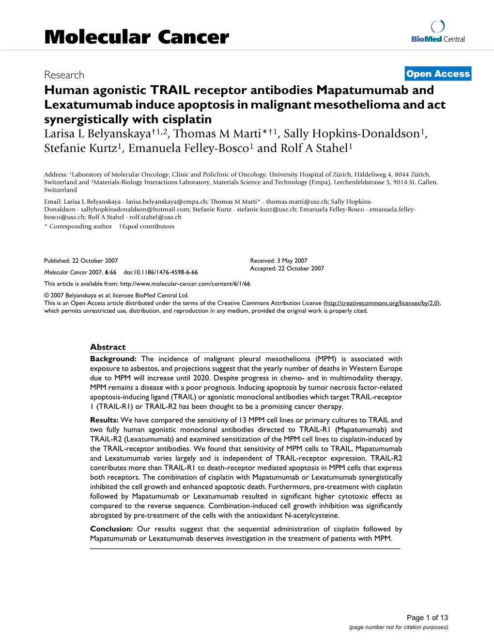 Human Agonistic TRAIL Receptor Antibodies Mapatumumab And