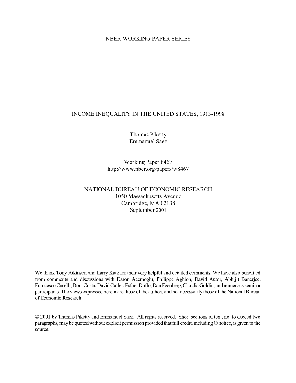 Income Inequality in the United States, 1913-1998 (Series Updated to 2000 Available)